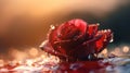 Macrophoto of red rose with water dropps on the lake