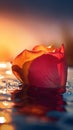 Macrophoto of red rose with water dropps on the lake