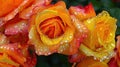 Macrophotography of red and yellow roses in dew drops. Background for website design or computer wallpaper