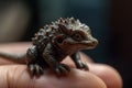 AI generated a macrophotography of a tiny dinosaur on a human hand.