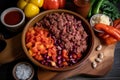 Macros shot of chili con carne ingredients in a wooden bowl - ground beef, kidney beans, diced tomatoes, onions, and bell peppers Royalty Free Stock Photo