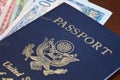 Macros shot of passport on foreign currency