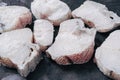 Macrourus fish frozen, fresh, sliced and cut in portions. Gray background