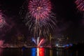 Macy`s 4th of July Independence Day Fireworks show on east river with Lower Manhattan Skyline Royalty Free Stock Photo