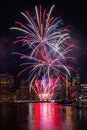 Macy`s 4th of July Independence Day Fireworks show on east river with Lower Manhattan Skyline Royalty Free Stock Photo