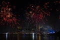 Macy`s 4th of July Independence Day Fireworks show on east river with Lower Manhattan Skyline