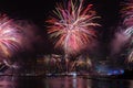 Macy`s 4th of July Independence Day Fireworks show on east river with Lower Manhattan Skyline Royalty Free Stock Photo