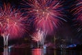 Macy`s 4th of July Independence Day Fireworks show on east river with Lower Manhattan Skyline