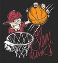 Mad basketball slam dunk t-shirt print design vector illustration. Royalty Free Stock Photo