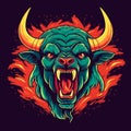Mad bull in fire flames, brush style vector illustration for t-shirt or poster printing Royalty Free Stock Photo
