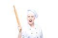 mad chef with rolling pin posing on white background Royalty Free Stock Photo