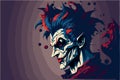 Mad crazy jester. Vector illustration of scary clown. Horror circus head. Cartoon design of creepy