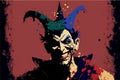 Mad crazy jester. Vector illustration of scary clown. Horror circus head. Cartoon design of creepy