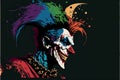 Mad crazy jester. Vector illustration of scary clown. Horror circus head. Cartoon design of creepy