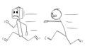 Mad Dangerous Person Chasing Robot, Vector Cartoon Stick Figure Illustration Royalty Free Stock Photo