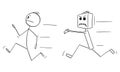 Mad Dangerous Robot Chasing Human, Vector Cartoon Stick Figure Illustration