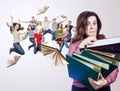 Mad faced teacher with folders in hands and her jump pupils Royalty Free Stock Photo