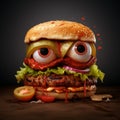 Mad mascot hamburger with big funny eyes