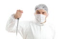 Mad medical staff member threatens with a knife in his hand; isolated on white background