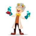 Mad professor in lab coat and rubber gloves holding flasks, cartoon vector illustration isolated on white background. Crazy laughi