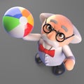 Mad professor scientist forgets everything and plays with a beach ball, 3d illustration Royalty Free Stock Photo