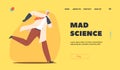 Mad Science Landing Page Template. Crazy Professor Wear Lab Coat and Rubber Gloves Run. Nuts Doctor Character, Scientist Royalty Free Stock Photo