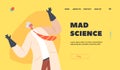 Mad Science Landing Page Template. Evil Professor Laughing, Crazy Doctor Character in Lab Coat and Rubber Gloves Royalty Free Stock Photo