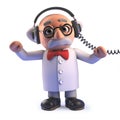 Mad scientist cartoon character in 3d wearing a pair of headphones Royalty Free Stock Photo