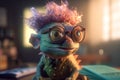 The Mad Scientist Chameleon: A Funny Photorealistic Cartoon Character with Glasses and Messy Hair