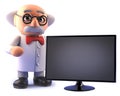 Mad scientist character with flatscreen hd television monitor display