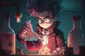 Mad scientist creating Love potion man manga style character illustration generative ai