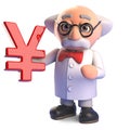 Mad professor scientist character holding a Japanese or Chinese Yen or Yuan symbol, 3d illustration