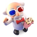 Mad scientist enjoying a 3d movie with his 3d glasses and popcorn, 3d illustration