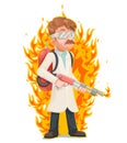 Mad scientist with flamethrower cleansing purification by fire destruction science cartoon character vector illustration