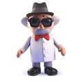 Mad scientist professor cartoon character in 3d wearing a pork pie trilby hat