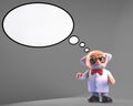 Mad scientist professor has no idea in his blank thought bubble, 3d illustration
