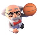 Mad scientist professor shoots a few hoops with his basketball when thinking, 3d illustration