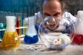 Mad scientist yelling on lab mouse Royalty Free Stock Photo