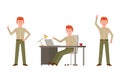 Mad, screaming, scold red hair office man in green pants vector illustration