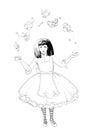 Mad Tea Party of Alice. Hand drawn illustration of young black haired girl with different tea equipment . Pen drawing on Royalty Free Stock Photo