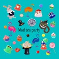 Mad tea party set including rabbit, flamingos, cheshire cat, tea cups, flowers, cupcakes and sprinkles.