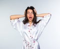 Mad Woman in peignoir early morning Royalty Free Stock Photo