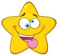 Mad Yellow Star Cartoon Emoji Face Character With Crazy Expression And Protruding Tongue.