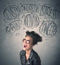 Mad young woman with extreme haisrtyle and speech bubbles Royalty Free Stock Photo