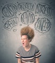 Mad young woman with extreme haisrtyle and speech bubbles Royalty Free Stock Photo