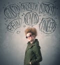 Mad young woman with extreme haisrtyle and speech bubbles Royalty Free Stock Photo