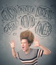 Mad young woman with extreme haisrtyle and speech bubbles Royalty Free Stock Photo