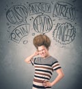 Mad young woman with extreme haisrtyle and speech bubbles Royalty Free Stock Photo