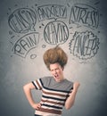 Mad young woman with extreme haisrtyle and speech bubbles Royalty Free Stock Photo