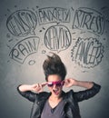 Mad young woman with extreme haisrtyle and speech bubbles Royalty Free Stock Photo